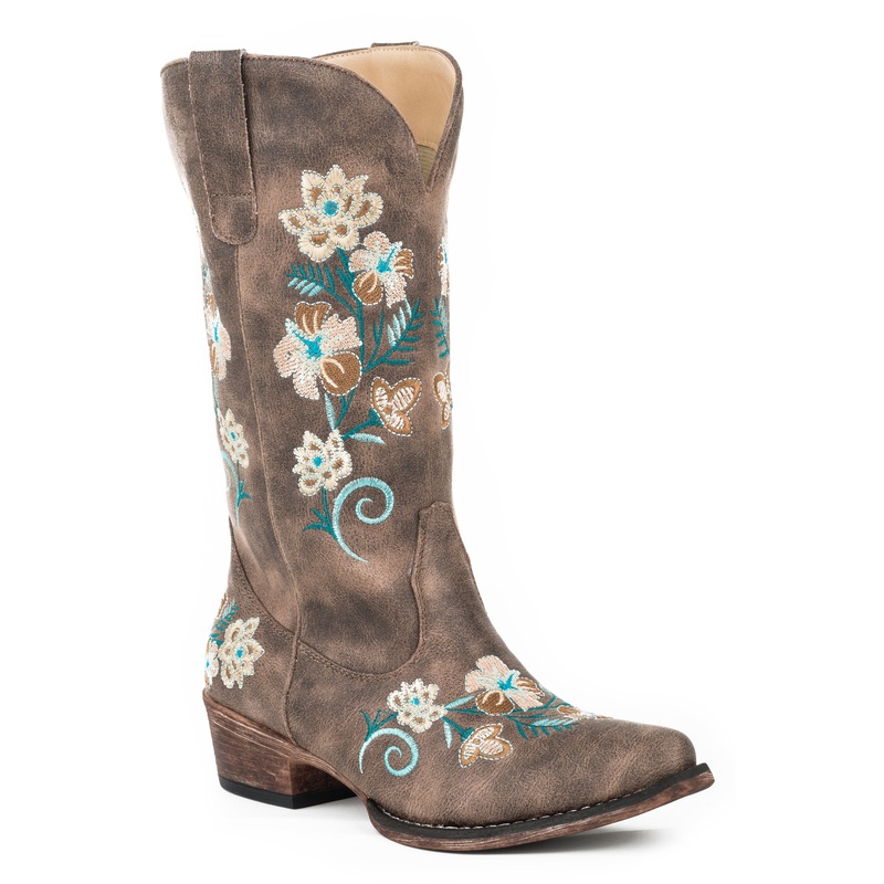 Womens Fashion Cowboy Boot Vintage Brown Faux Leather With All Over Floral Embroidery 5 R