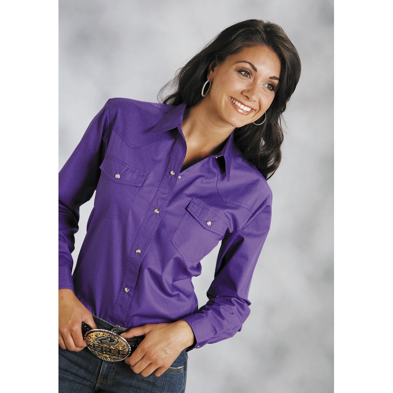 Womens Purple Solid Long Sleeve Western Snap Shirt XS