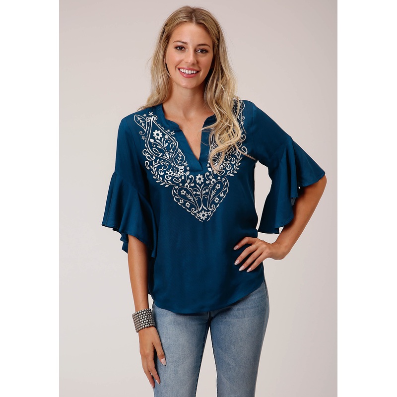 Womens Rayon Challis Peasant Short Sleeve Western Shirt XS