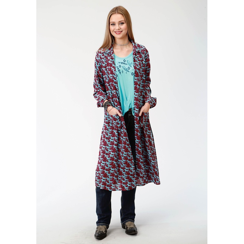 Womens Red And Blue  Print Western Cardigan XS