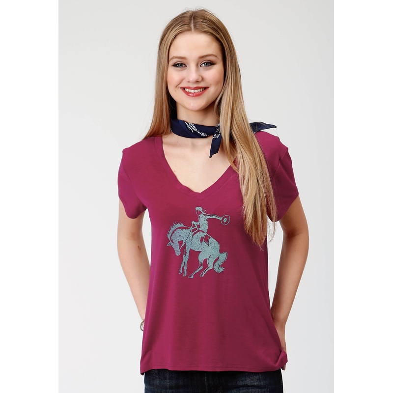 Womens Red With Bucking Horse Screen Print Short Sleeve Knit Top XS