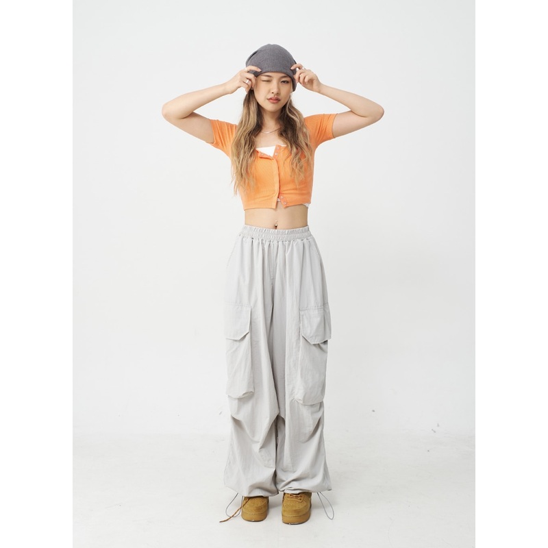 Drawstring Hem Long Wide Cargo Pants CJ21 Black S