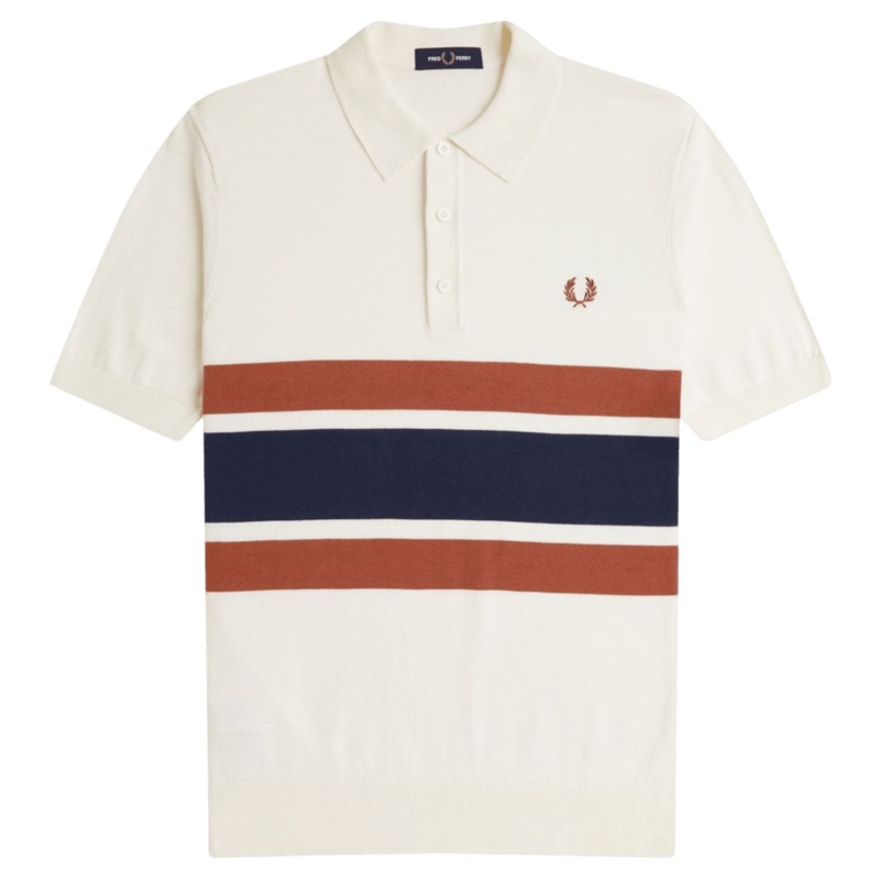 Fred Perry Panelled Knitted Short Sleeve Shirt Ecru Medium