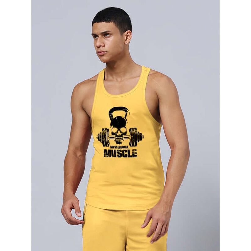KETTLEBELL SKULL PRINTED GYM T-SHIRT YELLOW XS
