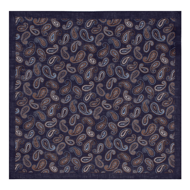 William David Linen Paisley Printed Pocket Square Navy One Size
