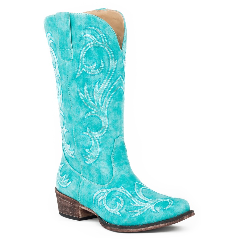Womens Fashion Cowboy Boot Turquoise Faux Leather With All Over Embroidery 5 R