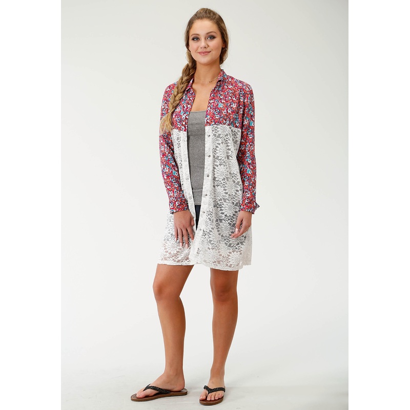 Womens Multi Colored Floral Long Sleeve Duster XS