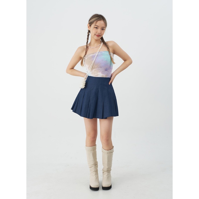 Pleated Denim Mini Skirt CJ08 Dark Denim S