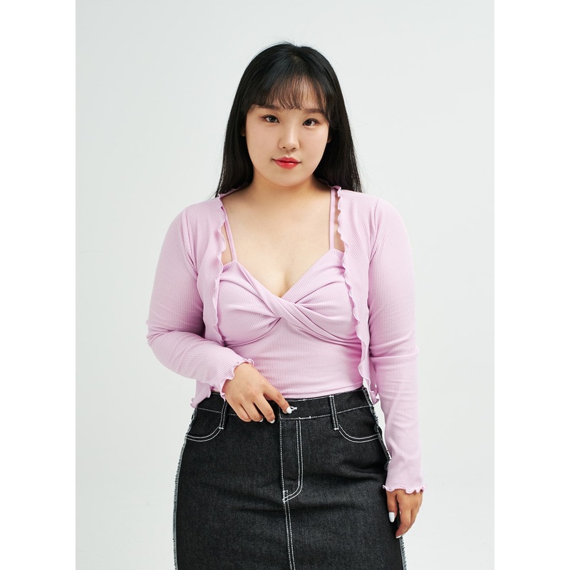 Plus Twist Shirred Cami Top and Cardigan Set IY24 Pink L