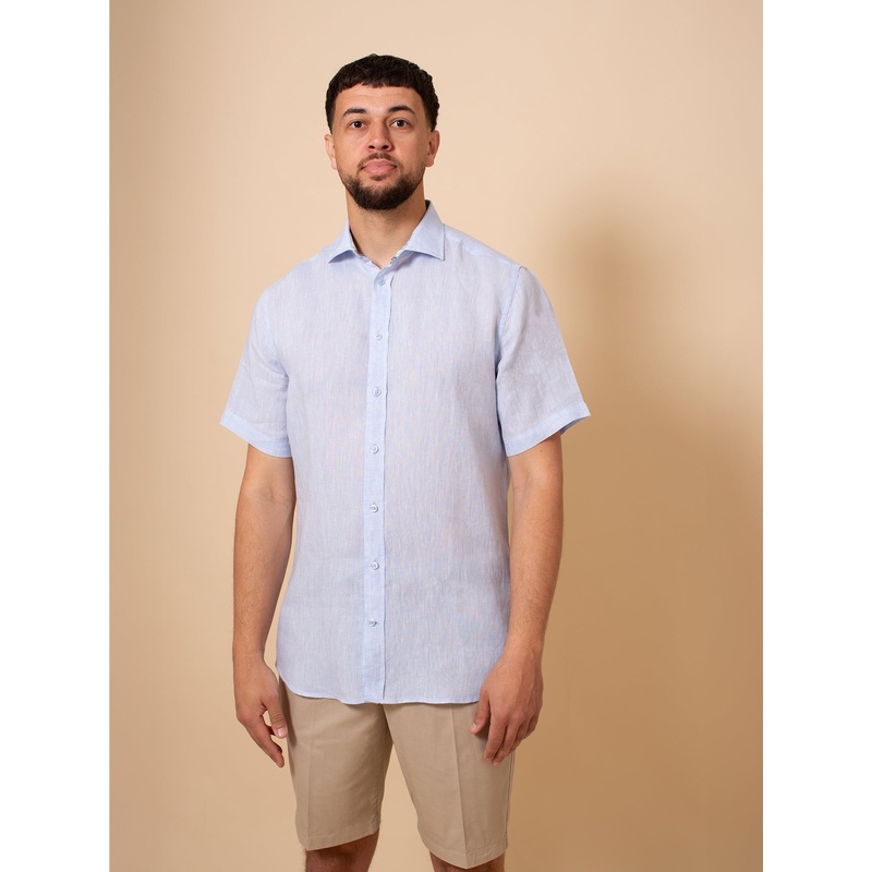 William David Orford Short Sleeve Linen Shirt Sky Blue Small