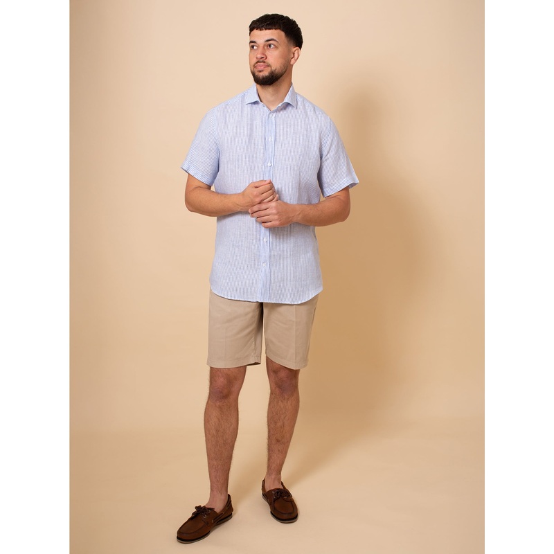 William David Orford Short Sleeve Stripe Linen Shirt Blue Stripe Small