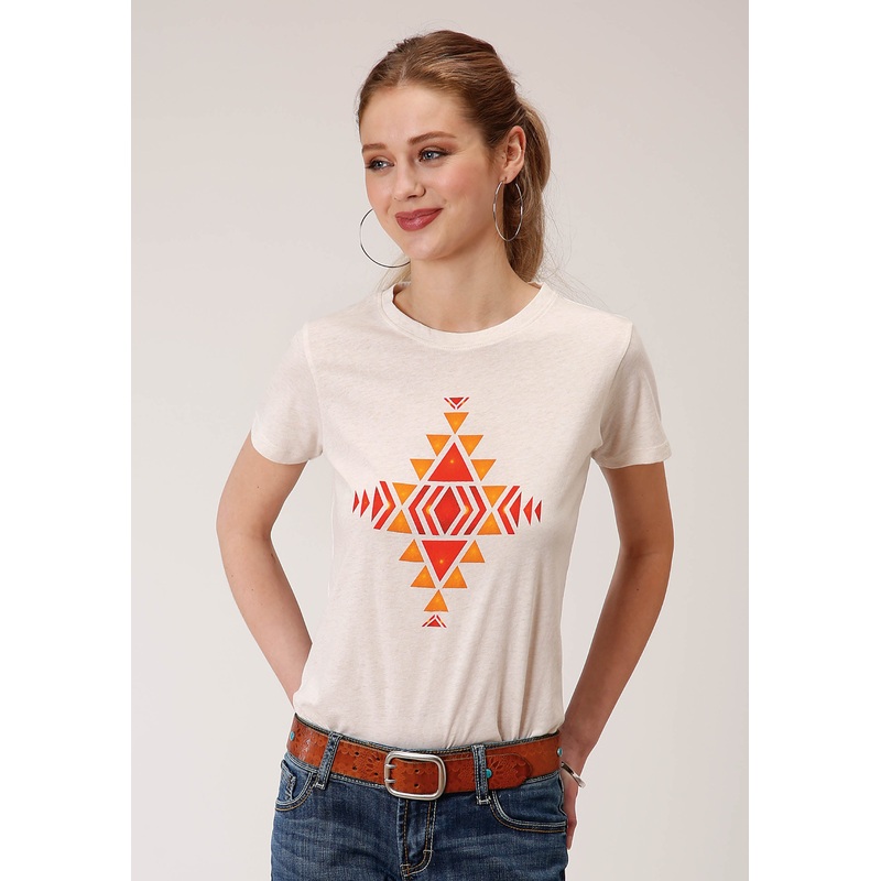 Womens Aztec Screen Print Center Short Sleeve Knit Top S