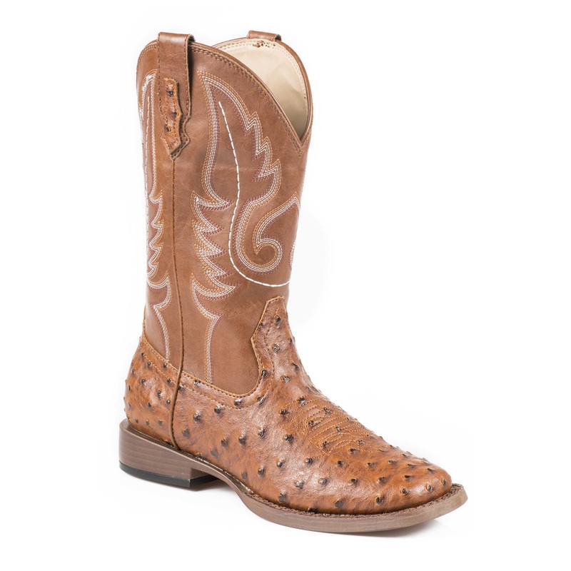 Womens Cowboy Boot Faux Leather Tan Upper With Ostrich Print Vamp 5 R