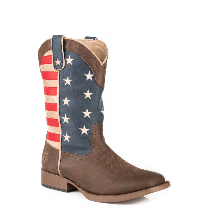 Womens Cowboy Boot Vintage Brown Faux Leather With American Flag Upper 5 R