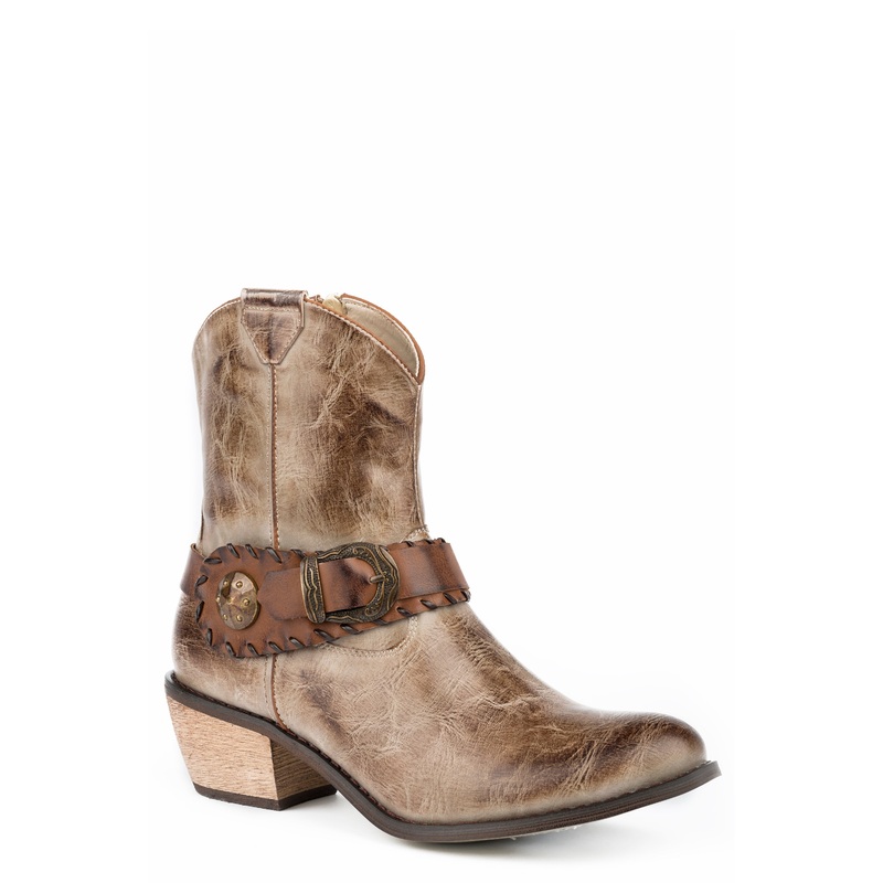 Womens Fashion Shorty Boot Burnished Taupe Faux Leather With Antique Brass Buckle And Concho 5 R