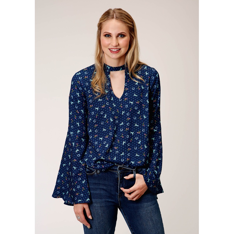 Womens Horse Print Rayon Blouse Long Sleeve Button Western Shirt XS