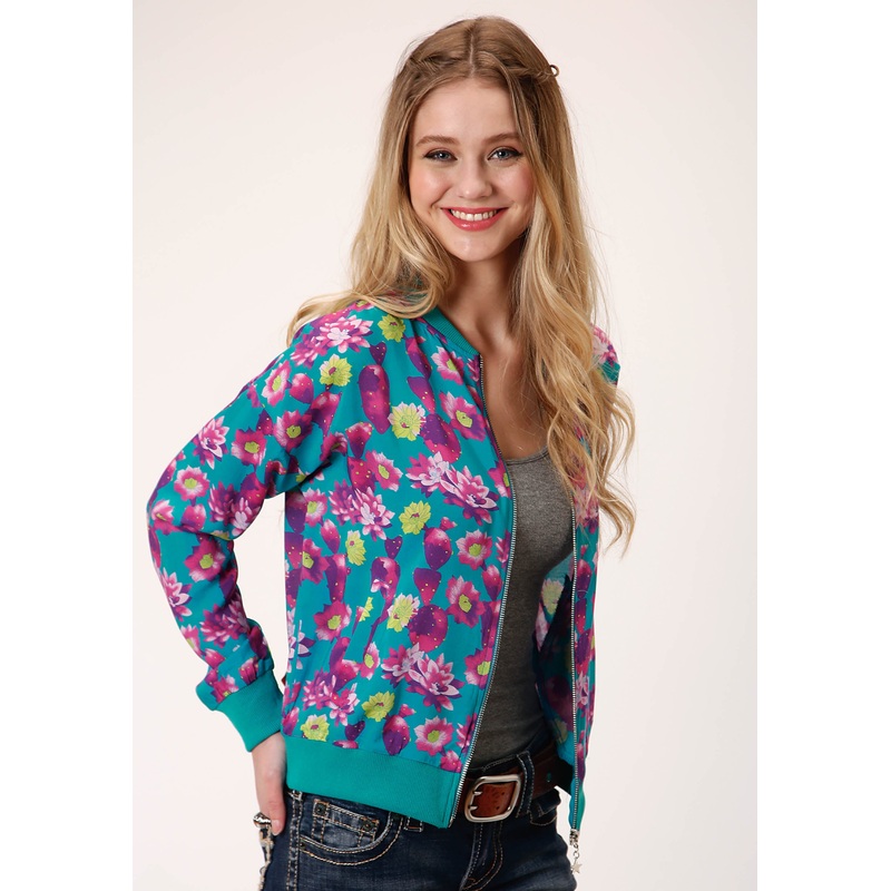 Womens Turquoise Pink And Yellow Floral Print Zip Front Jacket XS