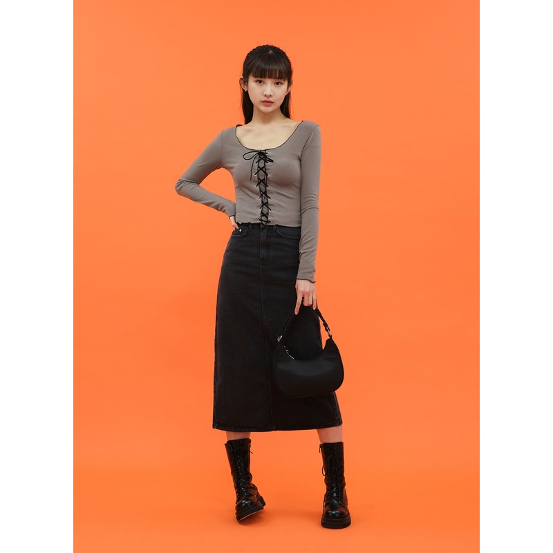 Cropped Long Sleeve Top with Front Lace Detail C1703 Ivory S/M