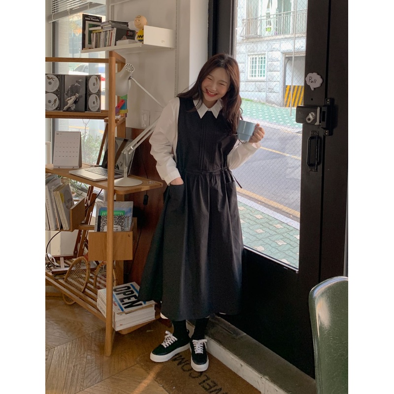 Pintuck Drawstring Waist Dress BA15 Beige S