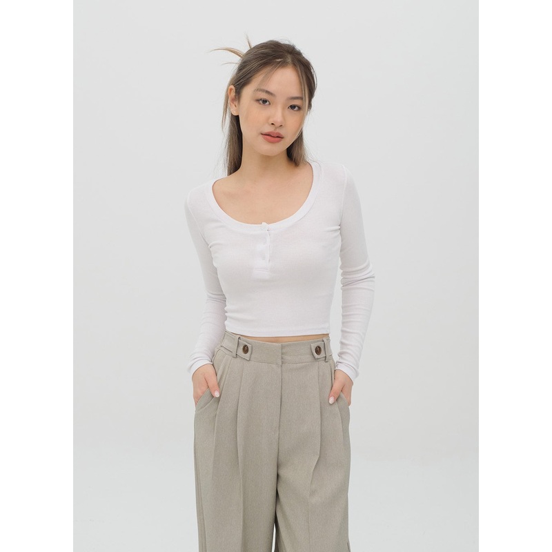 Scoop Neck Long Sleeve T Shirt with Front Buttons CM2 Ivory S