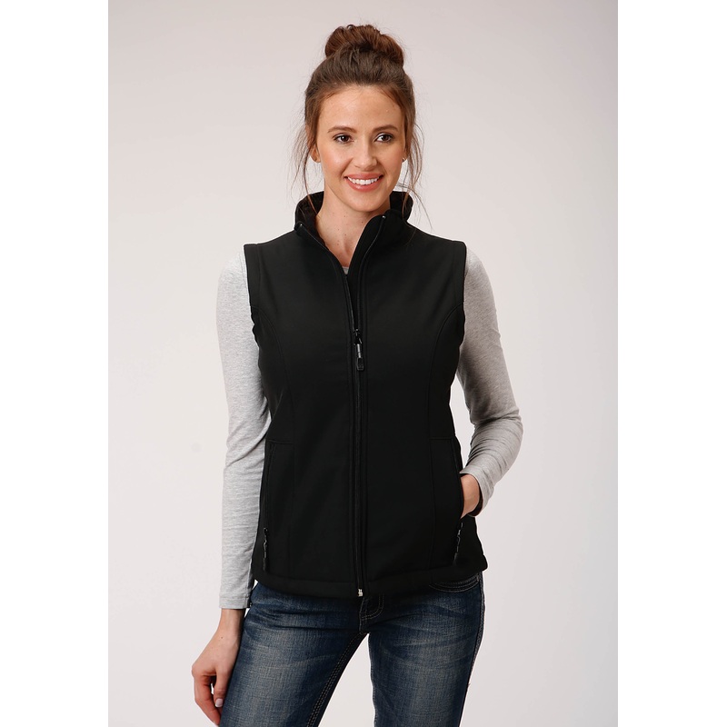 Womens Black Softshell With Black Fleece Lining Zip Front Vest XS