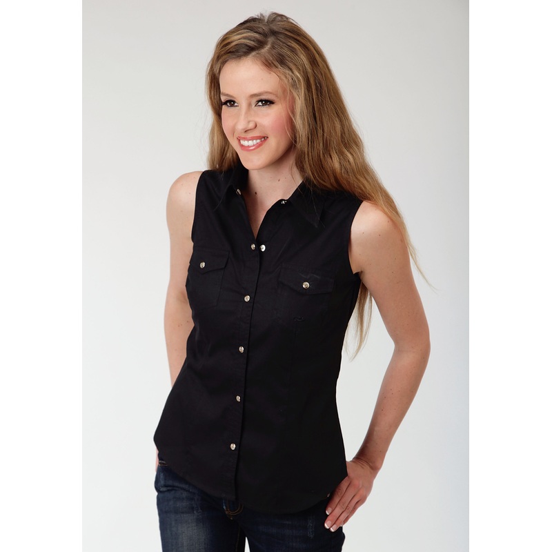 Womens Black Solid Sleeveless Western Snap Shirt XS