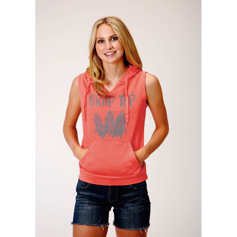 Womens Coral With Corn Screen Print Sleeveless Knit Top S