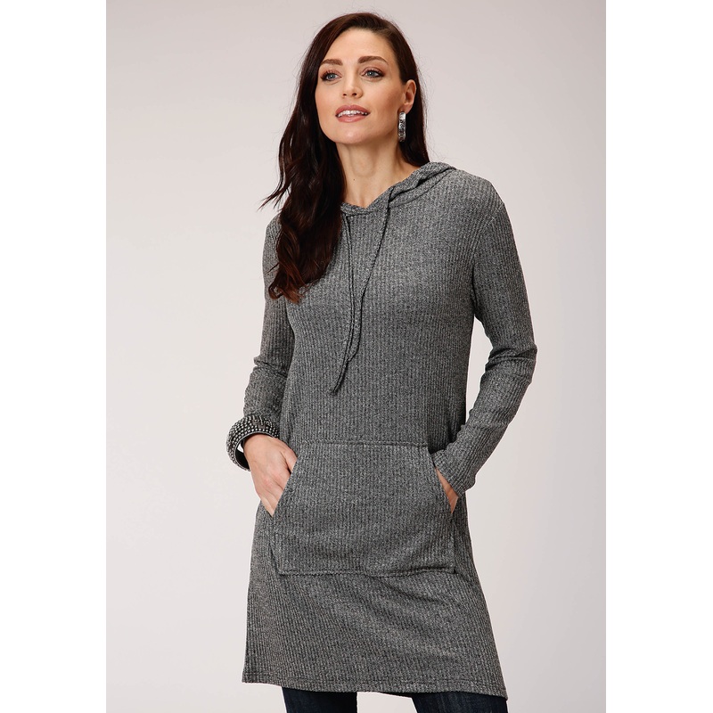 Womens Rib Knit Tunic Length Hoodie Long Sleeve Knit Top XS