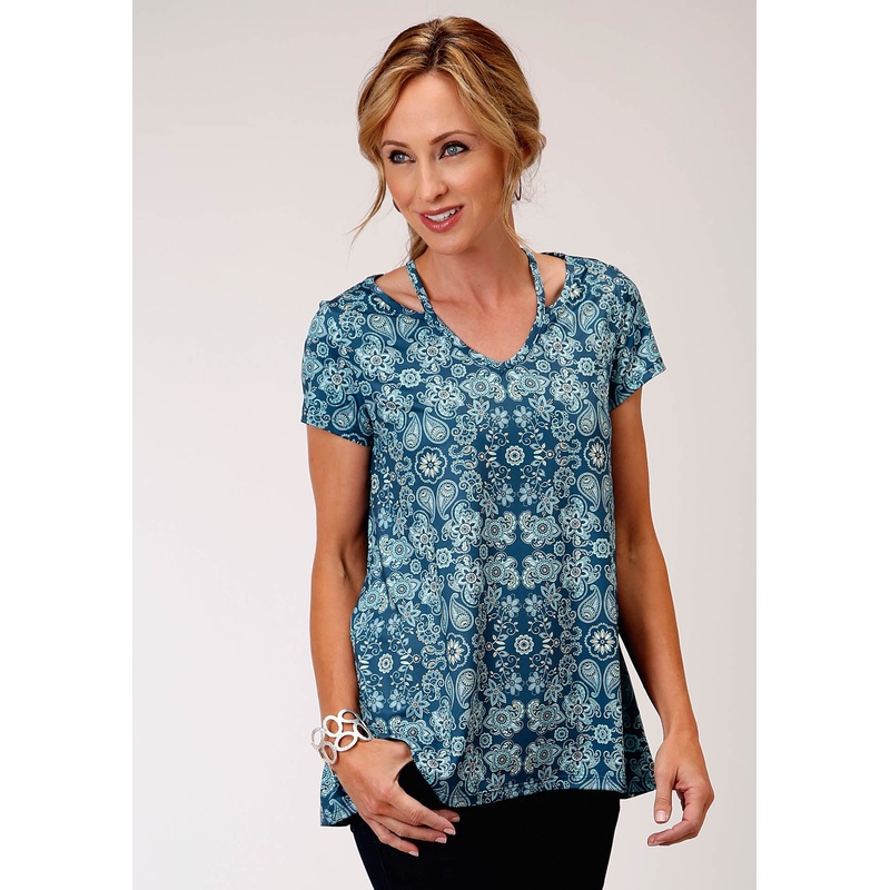 Womens Turquoise And White Paisley Floral Print Short Sleeve Knit Top XS