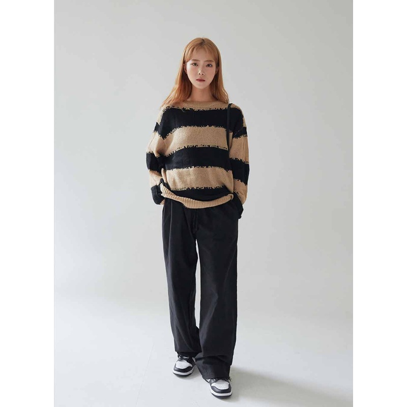 Stripped Distressed Knit Sweater F17 Black S/M