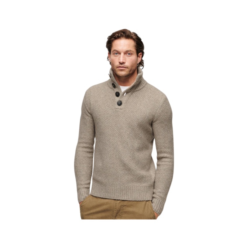 Superdry Chunky Button High Neck Jumper Desert Taupe Beige Marl Medium