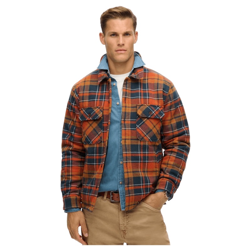 Superdry Surplus Check Quilt Overshirt Navy Gold Check Medium