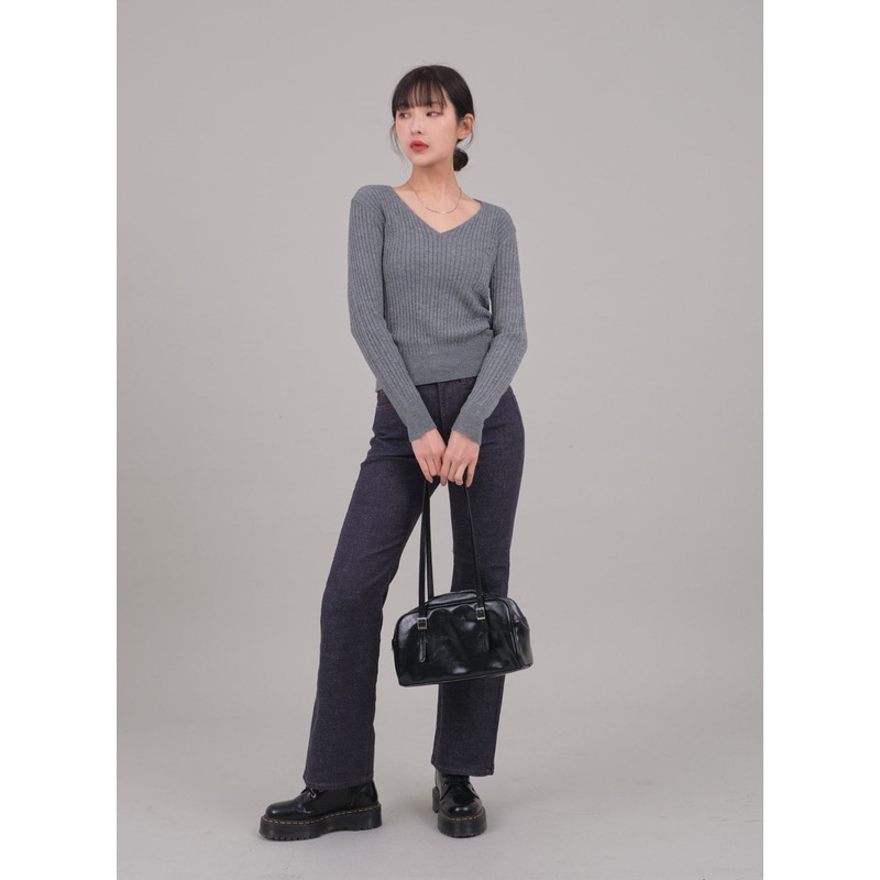 V Neck Cable Knit Top C2701 Gray S/M