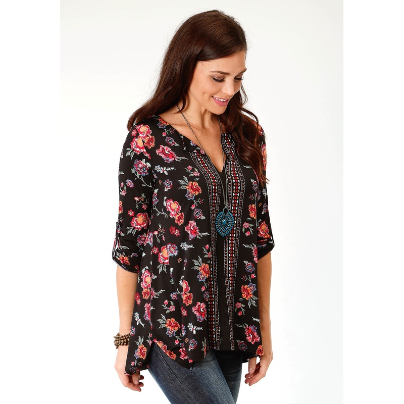 Womens Black Ground Floral Print Long Sleeve Knit Top XS