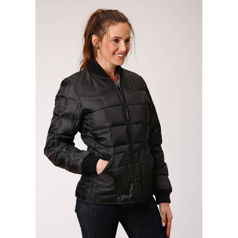 Womens Black Quilted Poly Filled Zip Front Jacket XS
