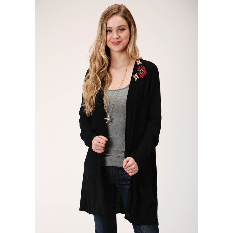 Womens Black With Wild West Embroidery Long Sleeve Cardigan XS