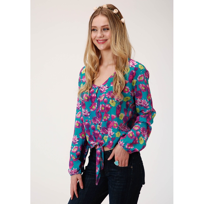 Womens Blue Pink And Green Cactus Print Long Sleeve Western Shirt XS