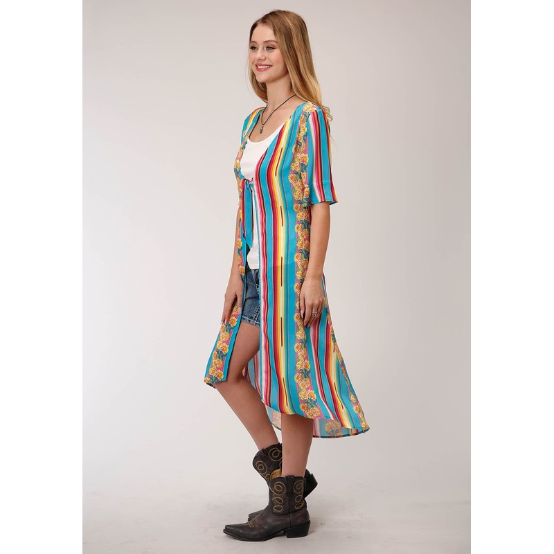 Womens Blue Yellow And Red Serape Print Short Sleeve Cardigan XS