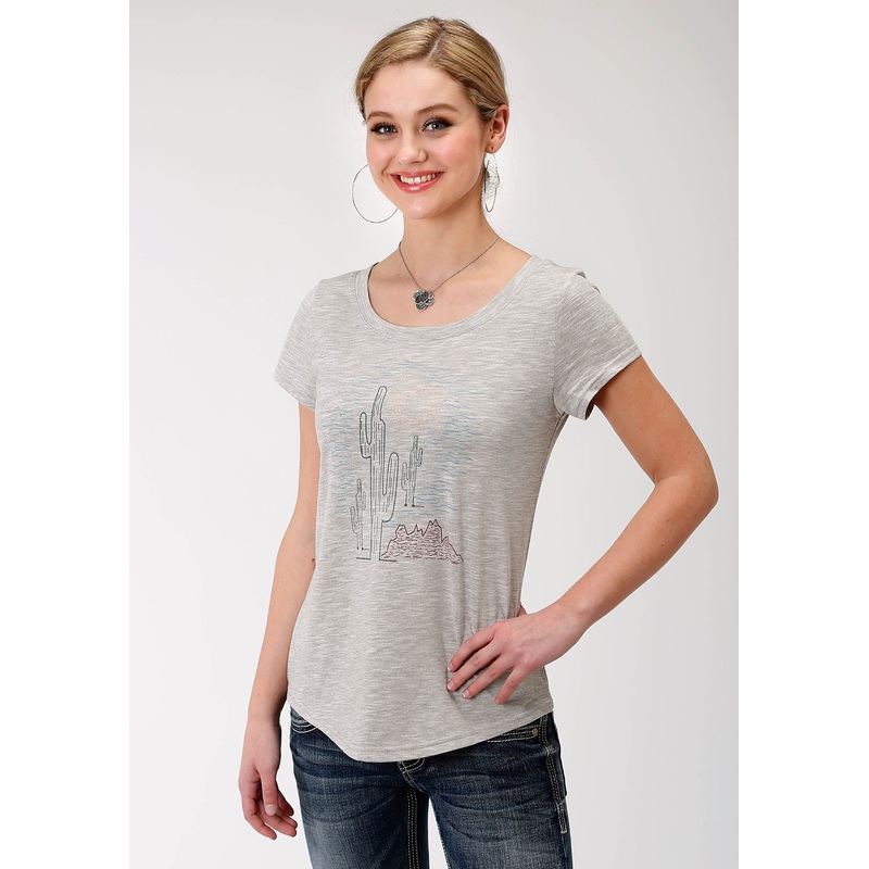 Womens Grey Solid With Cactus Screen Print Short Sleeve Knit Top XS