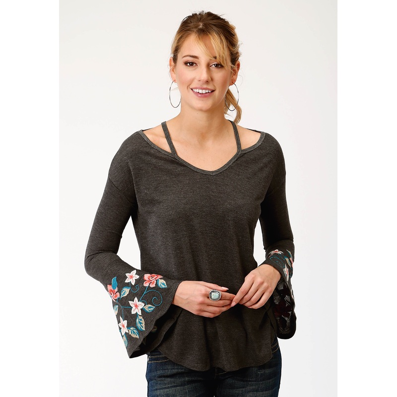 Womens Heather Gray With Floral Embroidery Long Sleeve Knit Top XS