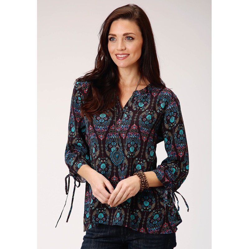 Womens Purple Jewel Tone Paisley Print Long Sleeve Western Shirt XS