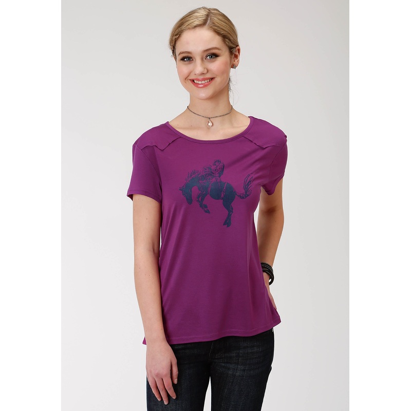 Womens Purple With Bronc Rider Screen Print Short Sleeve Knit Top XS