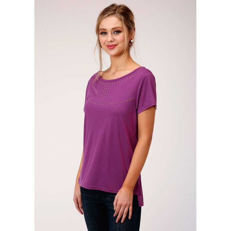 Womens Purple With Copper Stud Embellishment Short Sleeve Knit Top XS