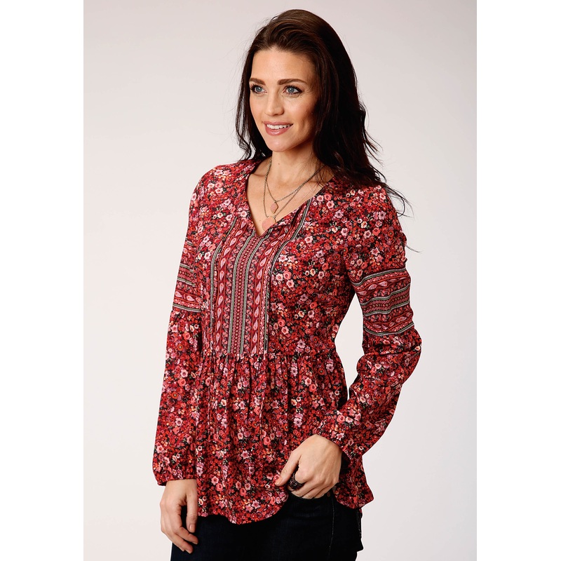 Womens Red Floral Print Long Sleeve Western Shirt XS