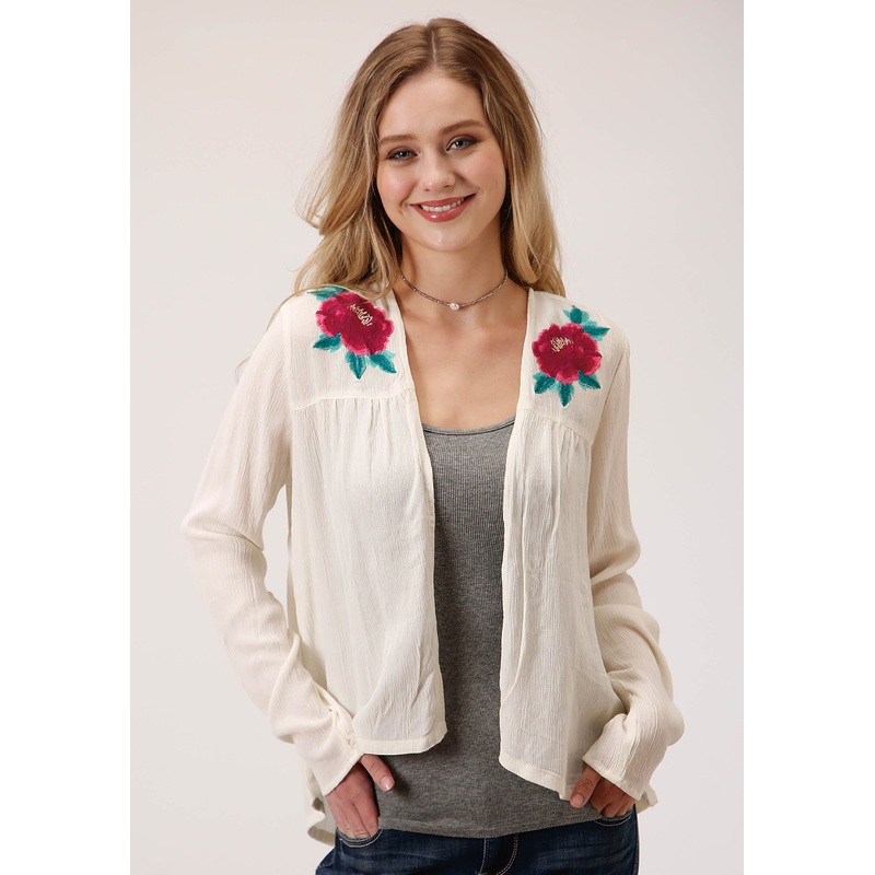 Womens White With Floral Embroidery Long Sleeve Cardigan XS