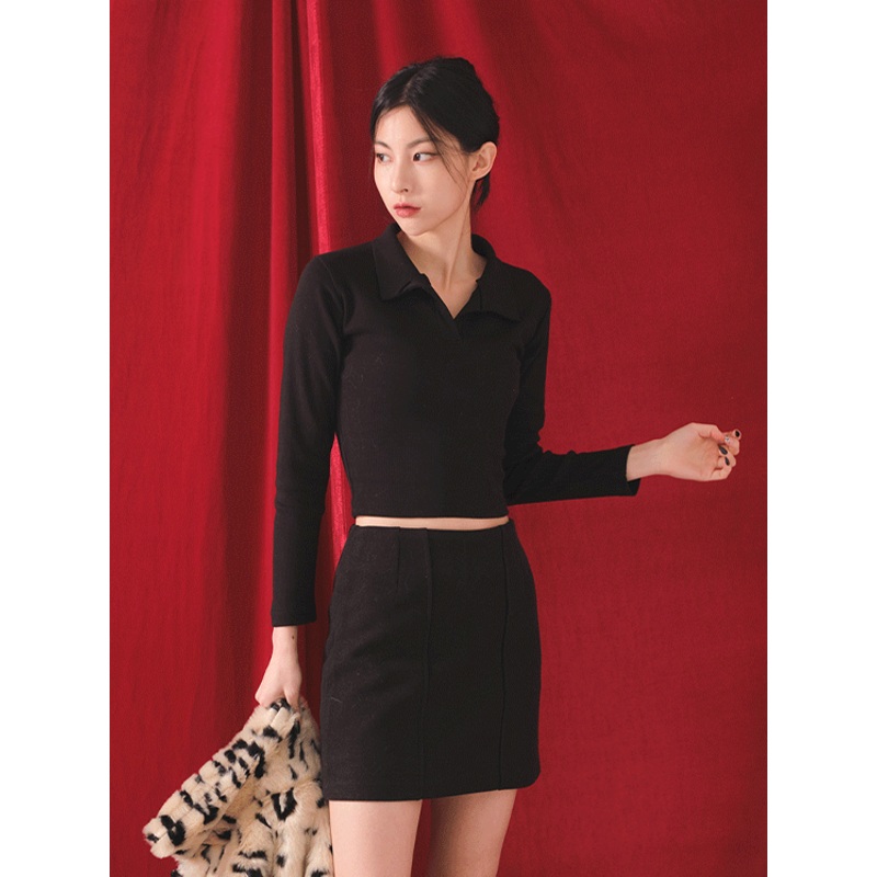 Open Collar Cropped Long Sleeve Tee Black S/M