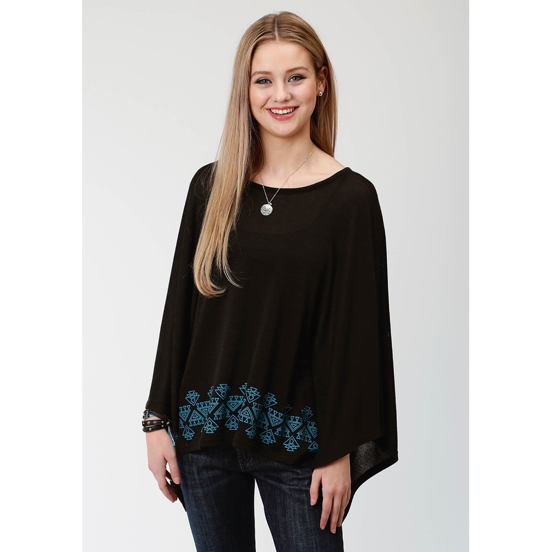 Womens Black And Turquoise Sweater Knit Poncho XS/S