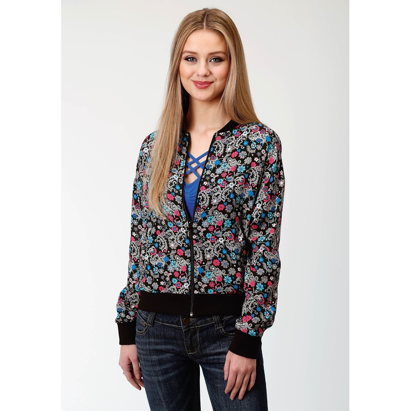 Womens Black Flower Print Bomber Jacket XS