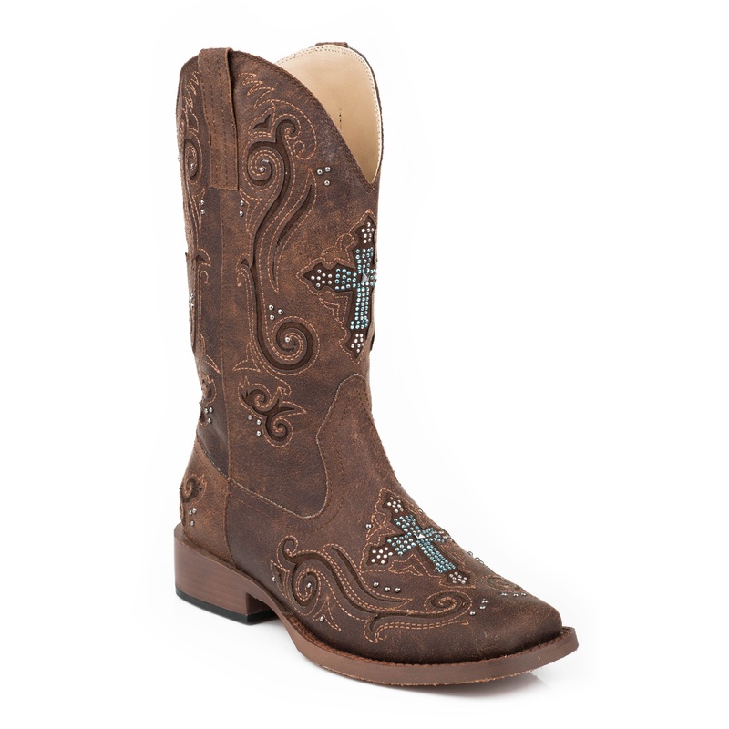 Womens Cowboy Boot Vintage Brown Faux Leather With Crystal And Cross Underlay Design 5 R