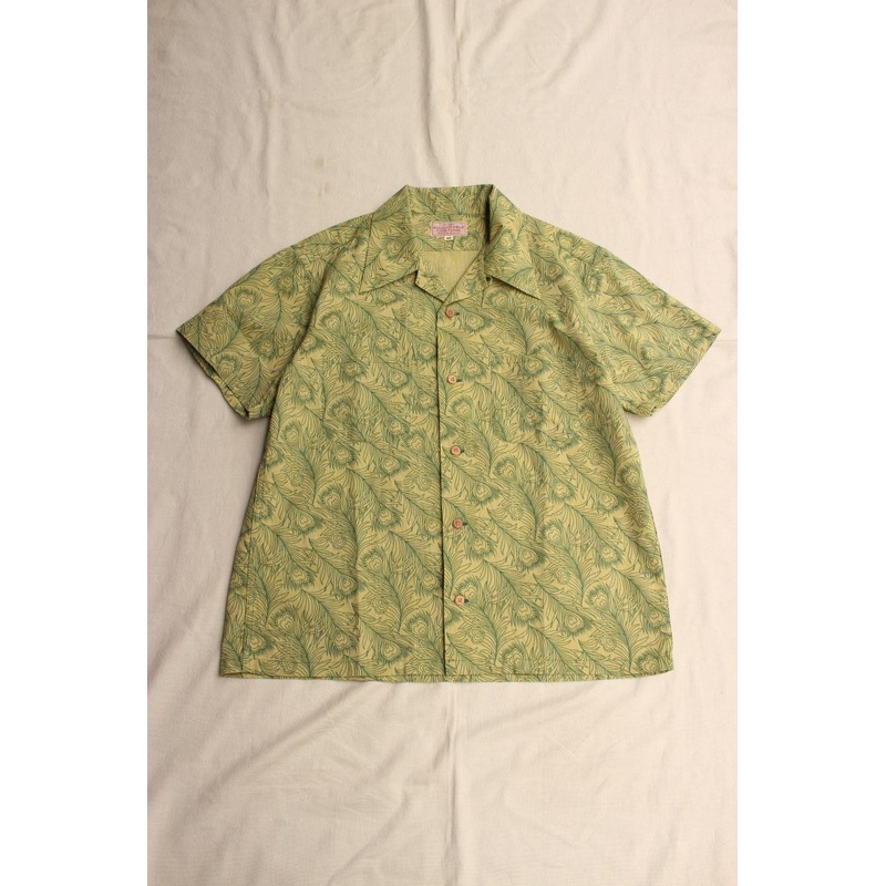 ADJUSTABLE COSTUME / COTTON CHAMBRAY ORIGINAL PEACOCK PRINT OPEN COLLAR S/S SHIRT (AS-148,GREEN) 38